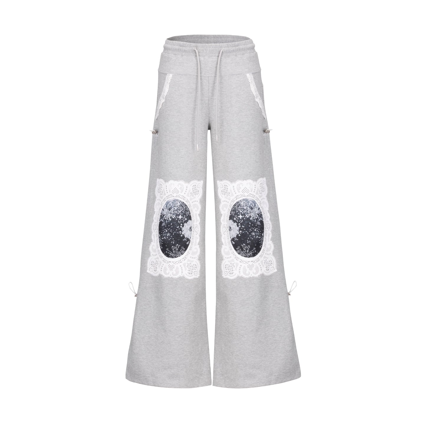 Lace Trim Sequin Print Wide Leg Flare Sweatopants WN19017