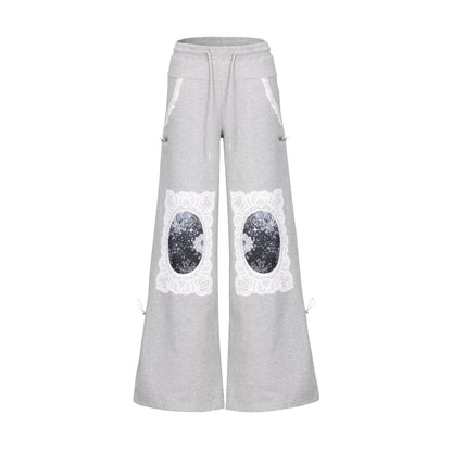 Lace Trim Sequin Print Wide Leg Flare Sweatopants WN19017