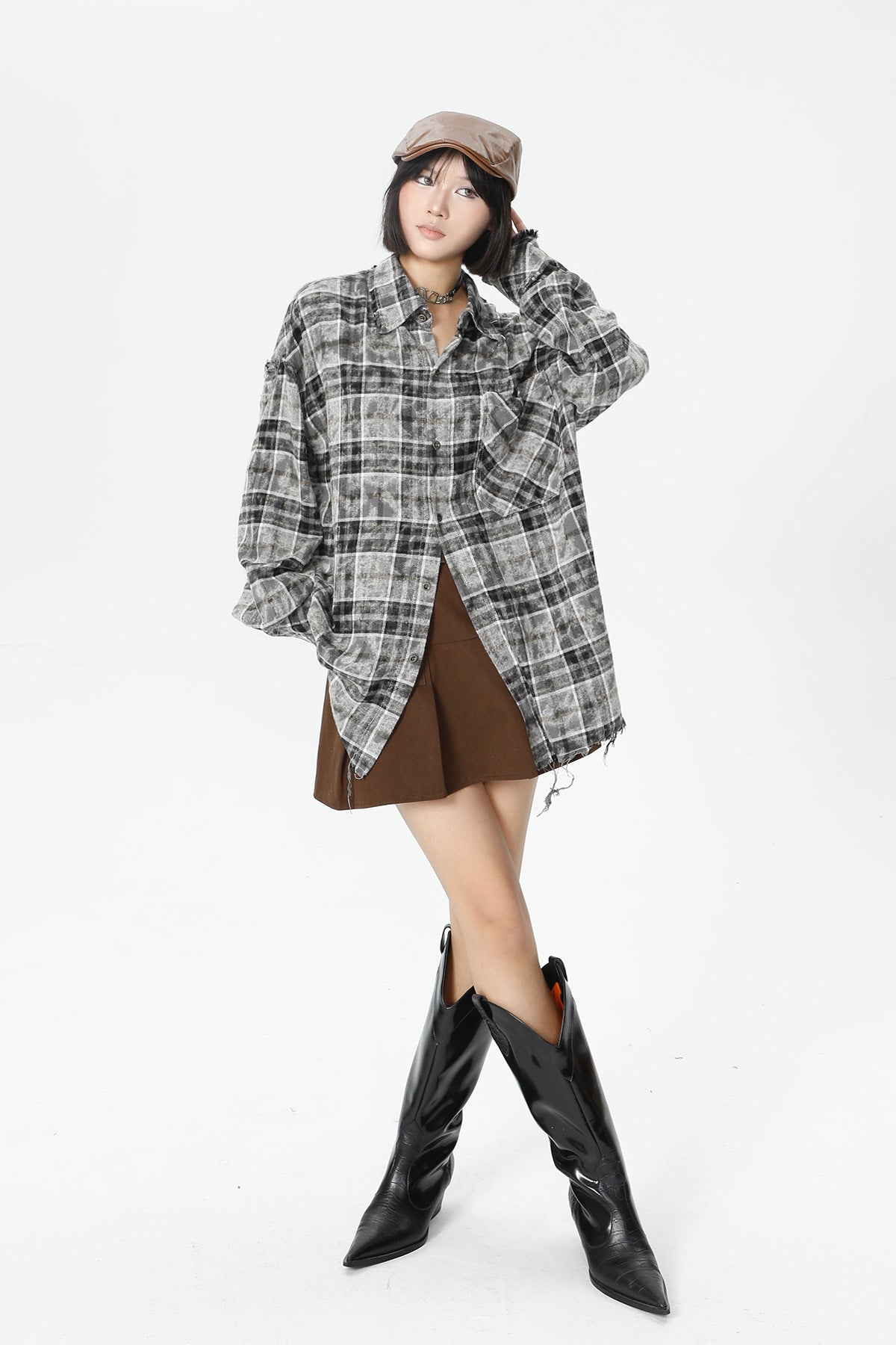 Plaid Washed Fringe Long Sleeve Shirt WN25379