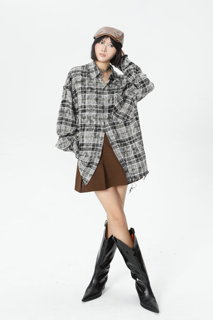 Plaid Washed Fringe Long Sleeve Shirt WN25379