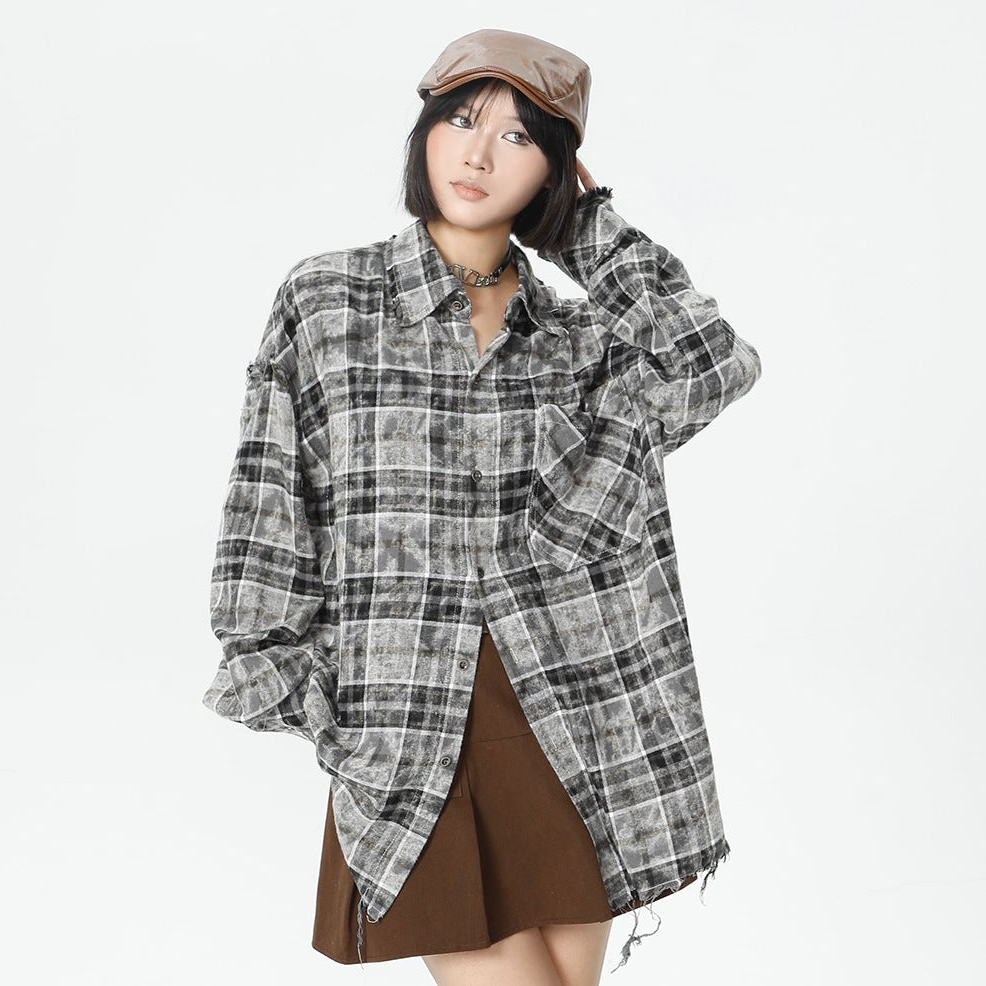 Plaid Washed Fringe Long Sleeve Shirt WN25379