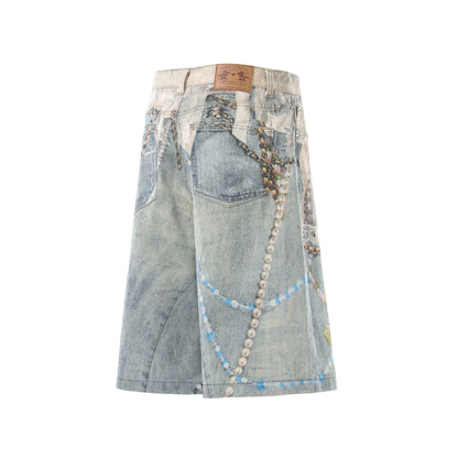 Pearl Chain Collage Print Denim Half Jeans WN25425