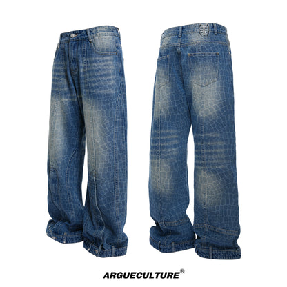 Cracked Texture Washed Slit Straight Denim Jeans WN23314