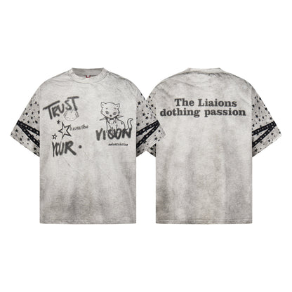 Graffiti Doodle Print Washed Short Sleeve T-Shirt WN25574