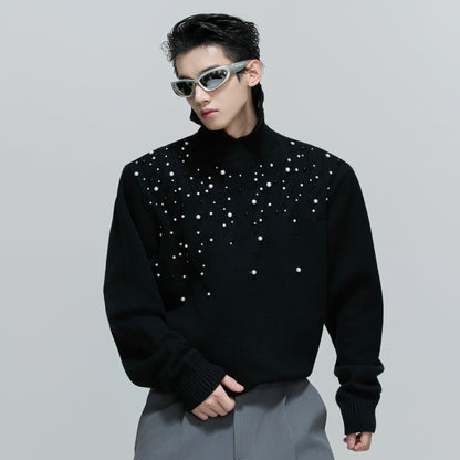 Pearl Embellished High-Neck Cable Knit Sweater WN21714