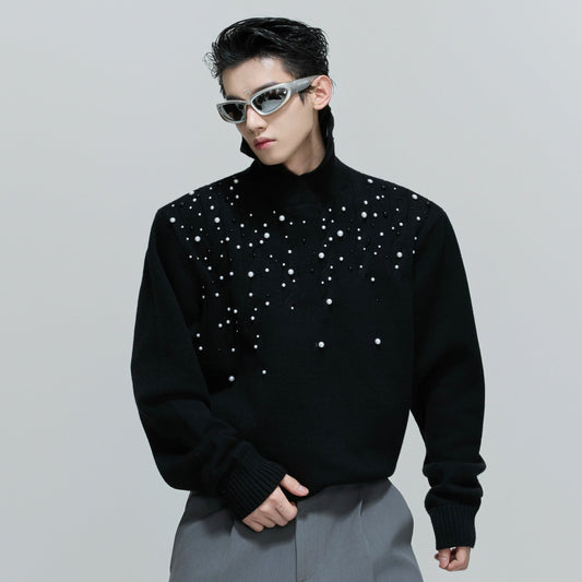 Pearl Embellished High-Neck Cable Knit Sweater WN21714