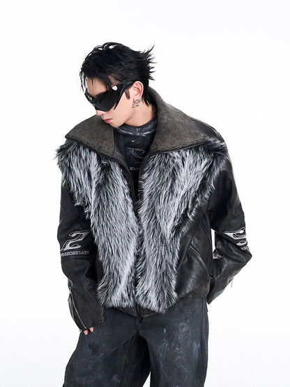 PU Leather And Fur Panel High-Neck Jacket WN10219