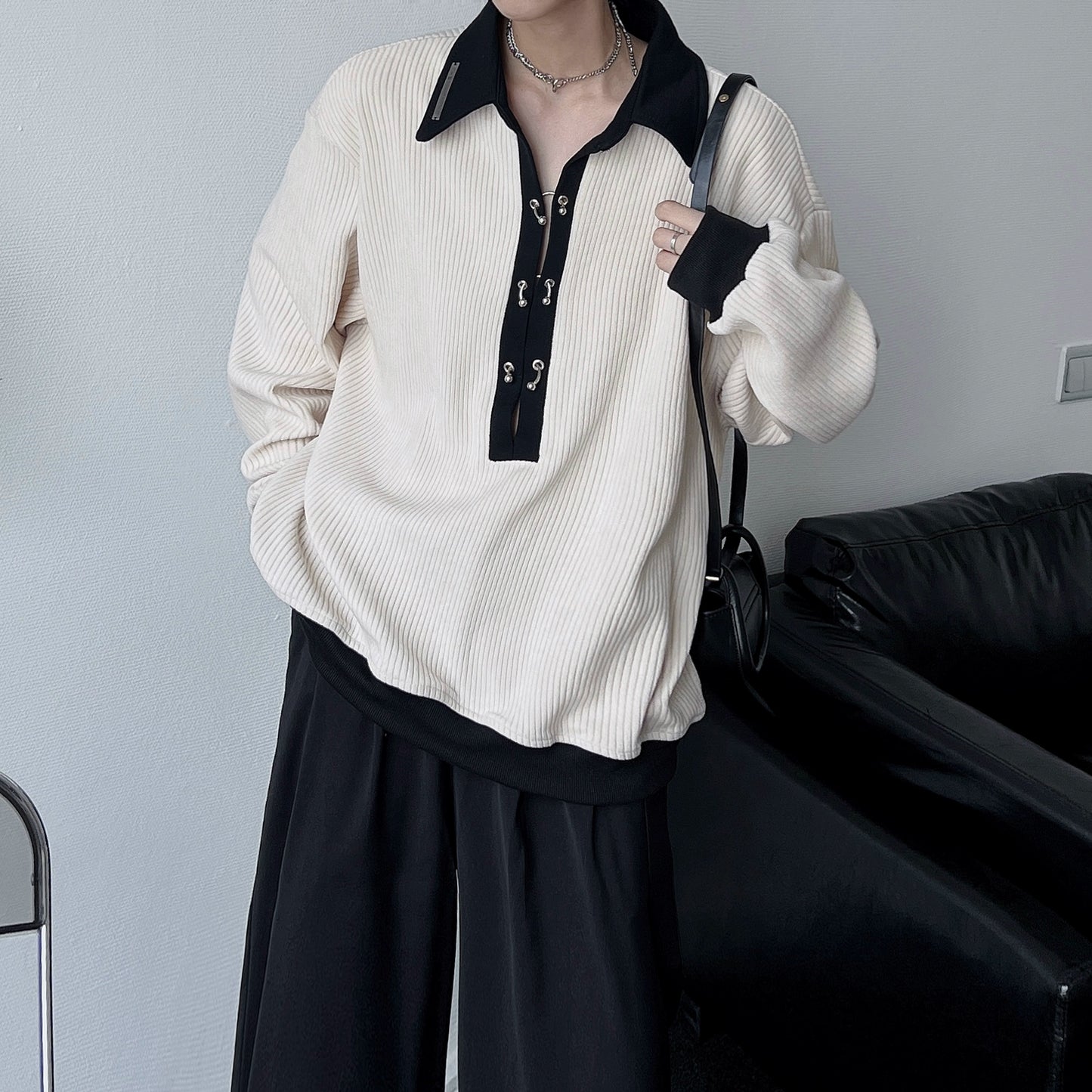 Metal Button Long Sleeve Polo Shirt WN19332