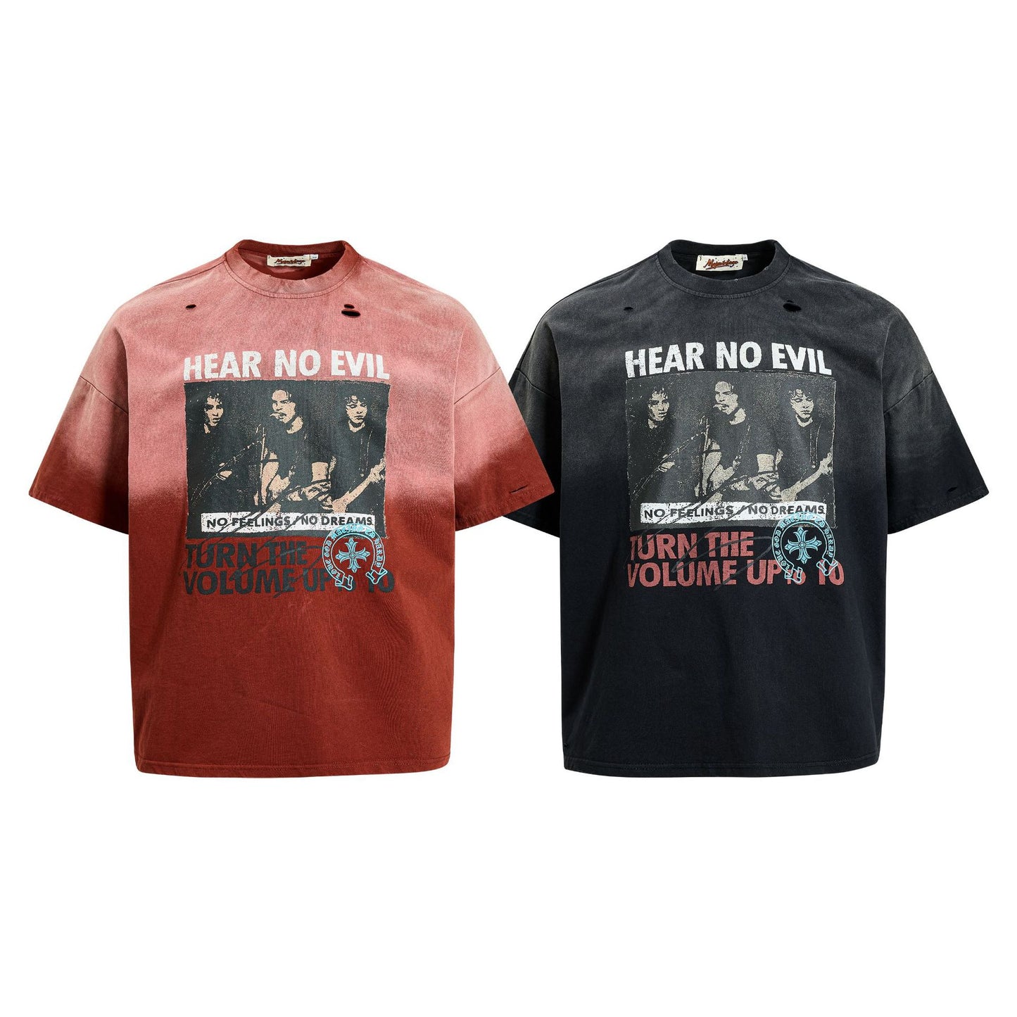 Washed Damage Portrait Print Short Sleeve T-Shirt WN25489