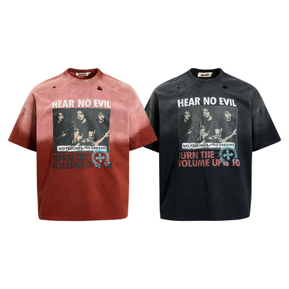 Washed Damage Portrait Print Short Sleeve T-Shirt WN25489