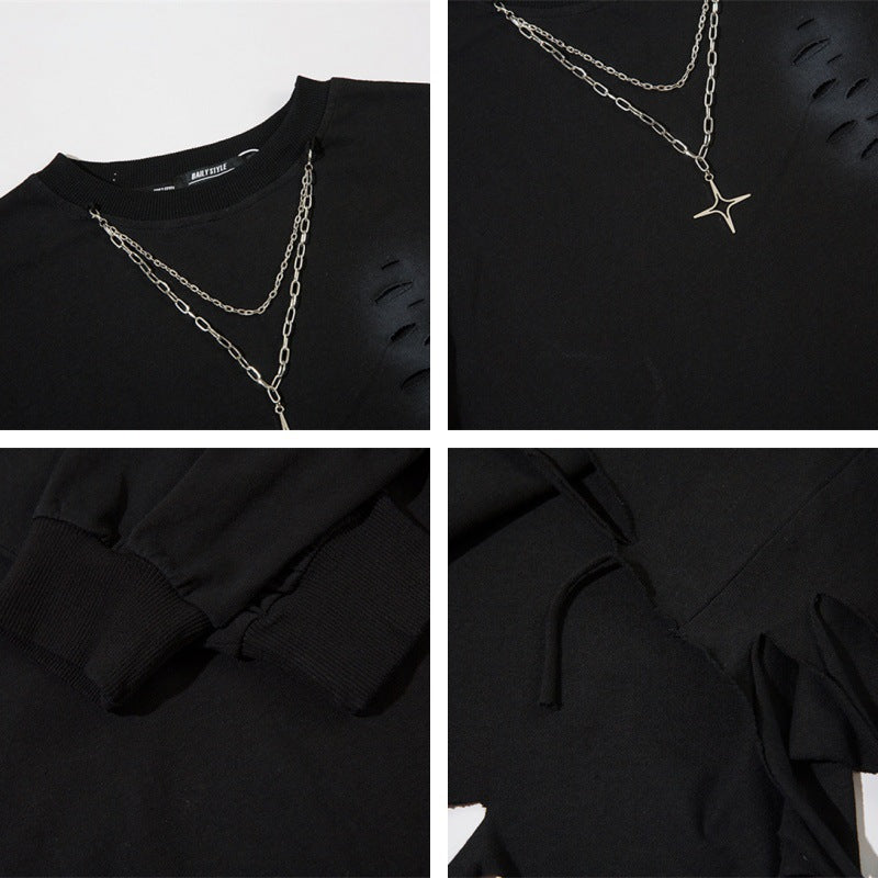 Plain Damage Necklace Long Sleeve T-Shirt WN11214