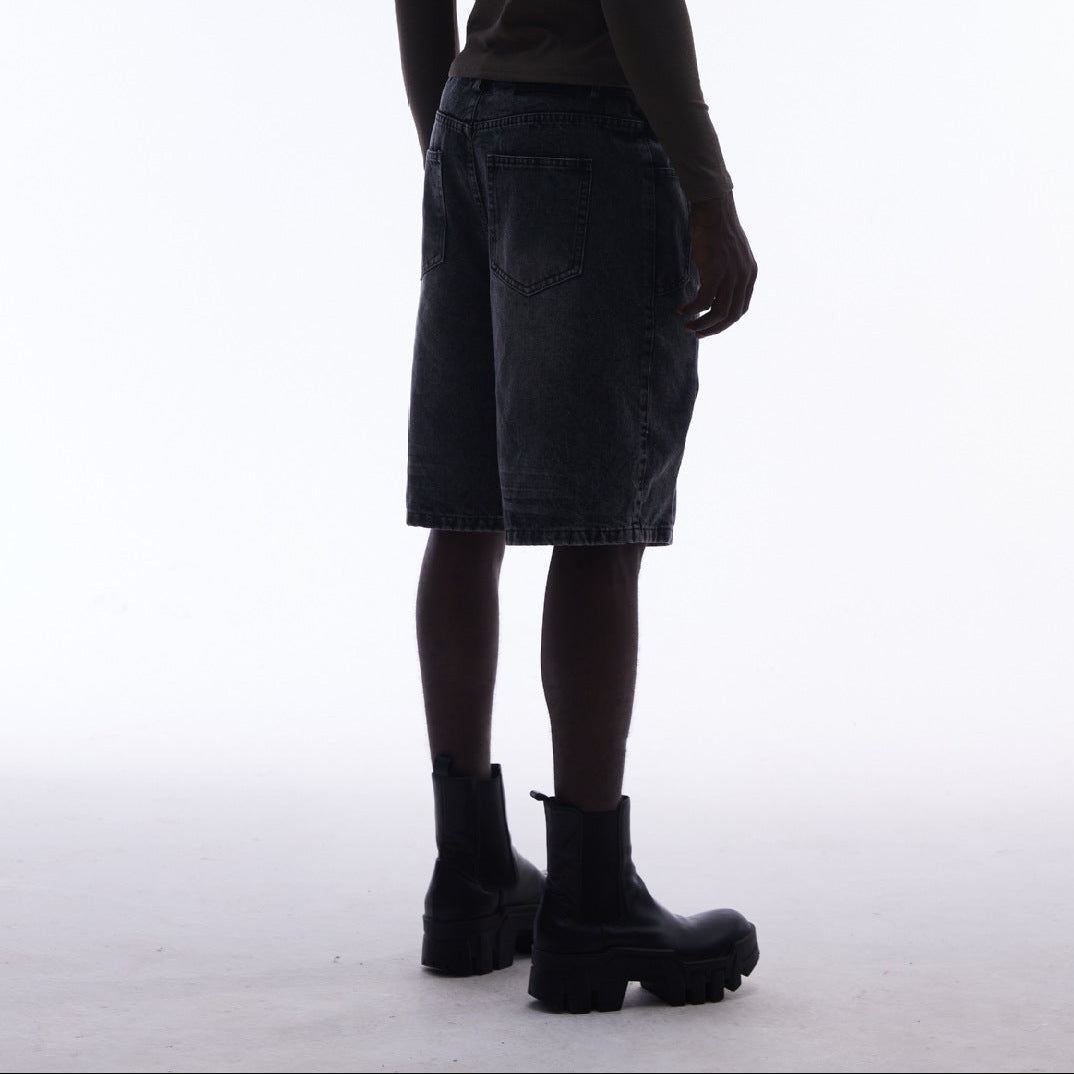 Washed Whisker Metal Buckle Denim Half Pants WN25513