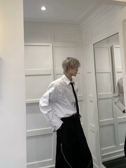 Metal Studs Shoulder-Pad Pleats Long Sleeve Shirt & Tie WN19807