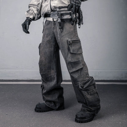 Wash Multi-Pocket Fleece Lining Cargo Denim Jeans WN22436