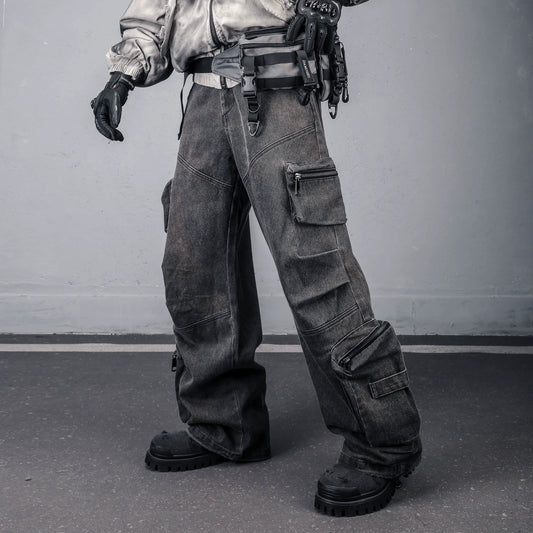 Wash Multi-Pocket Fleece Lining Cargo Denim Jeans WN22436