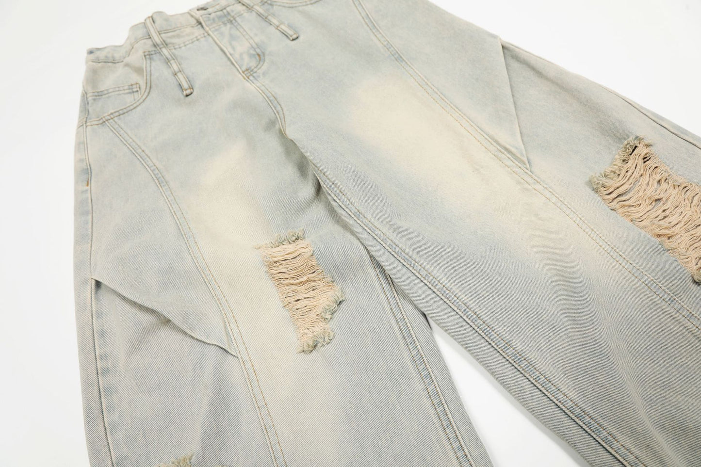 Washed Damage Curved Wide Leg Denim Jeans WN25912