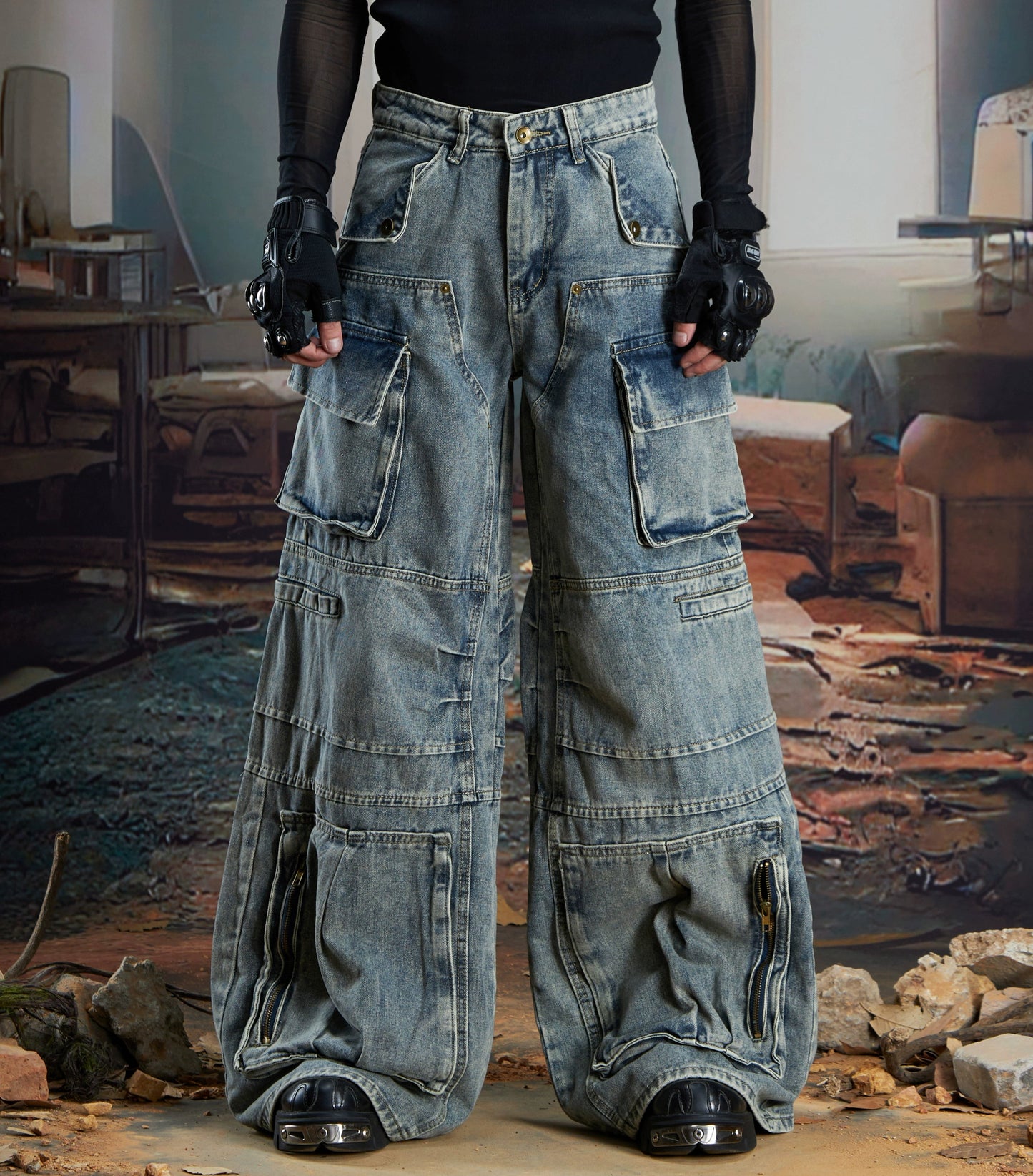 Deconstruction Multi-Pocket Washed Wide Leg Cargo Denim Jeans WN21340