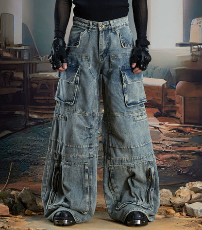 Deconstruction Multi-Pocket Washed Wide Leg Cargo Denim Jeans WN21340
