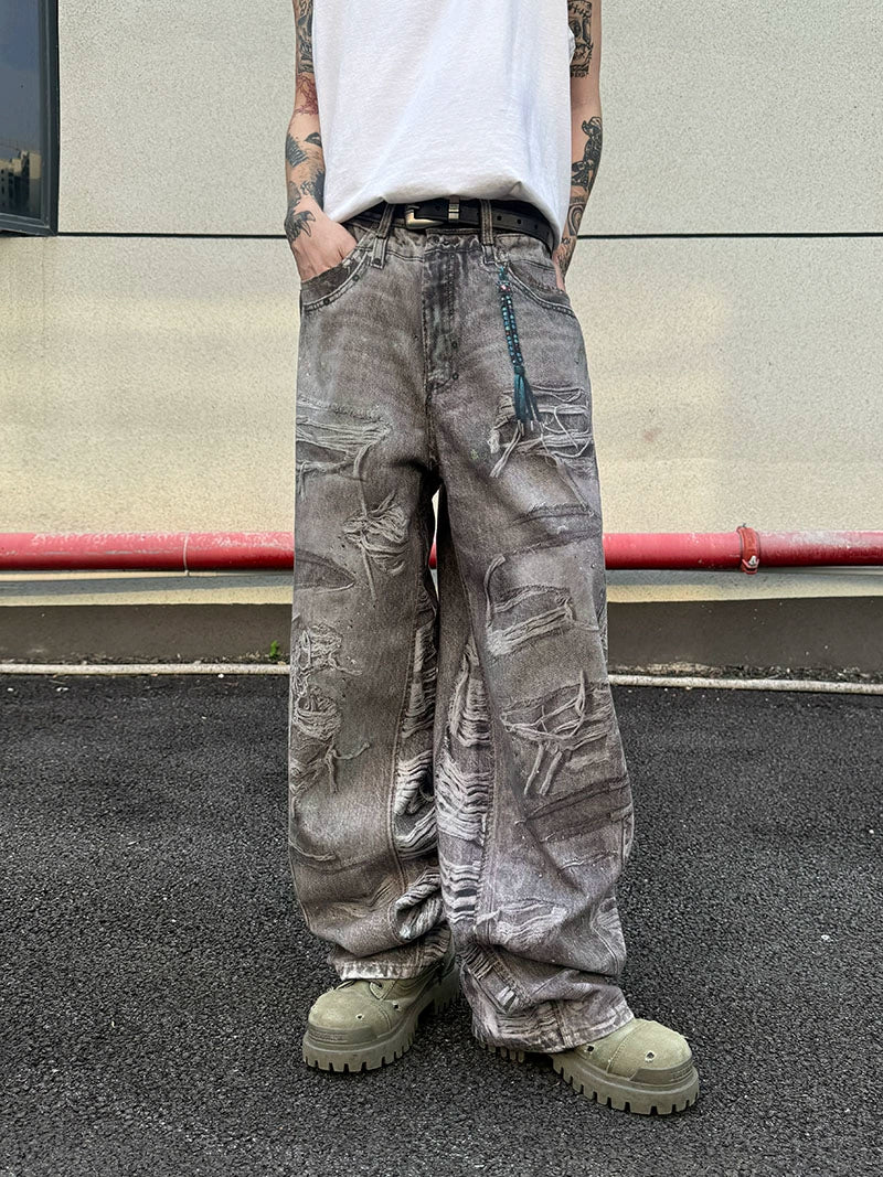 3D Print Damage Wide Leg Denim Jeans WN21156