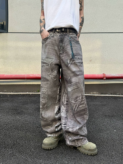 3D Print Damage Wide Leg Denim Jeans WN21156