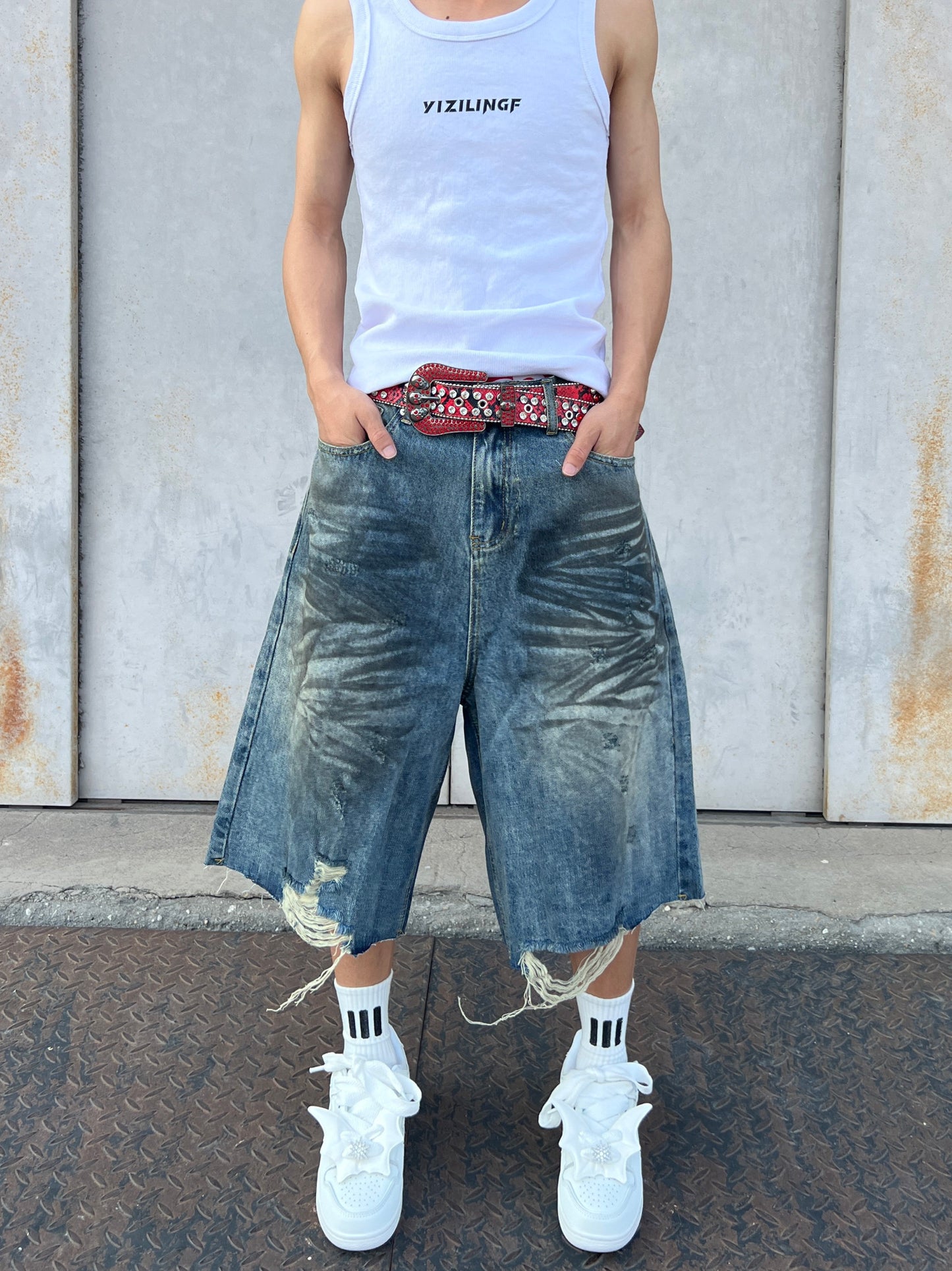Damage Wash Wide Leg Denim Half Pants WN24078