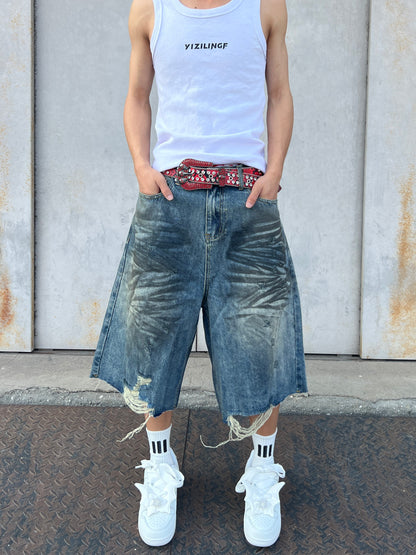 Damage Wash Wide Leg Denim Half Pants WN24078