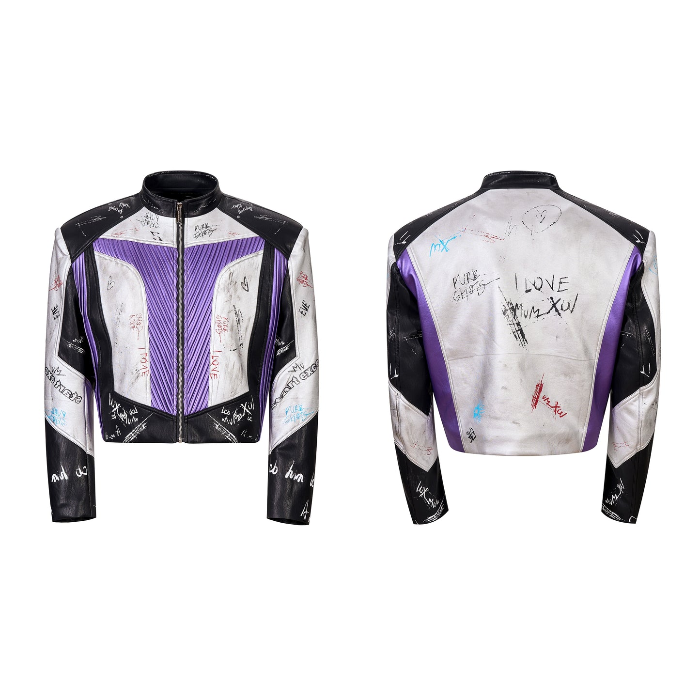 Graffiti Logo Print Stand Neck Patchwork PU Leather Short Jacket WN21808