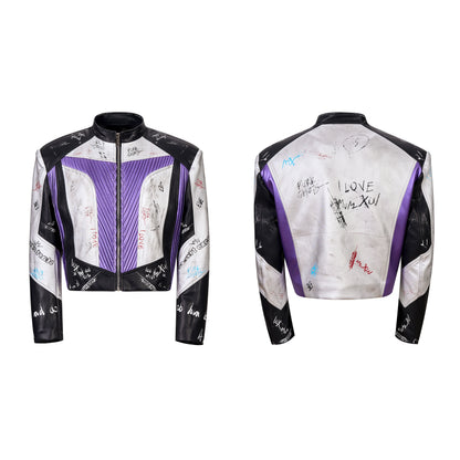 Graffiti Logo Print Stand Neck Patchwork PU Leather Short Jacket WN21808