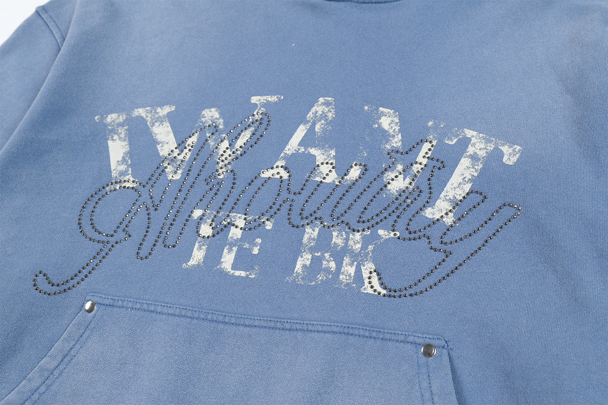 Washed Letter Rhinestone Design Damage Hoodie WN25384