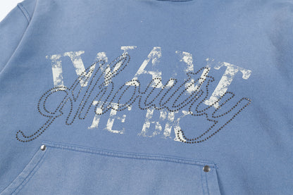 Washed Letter Rhinestone Design Damage Hoodie WN25384