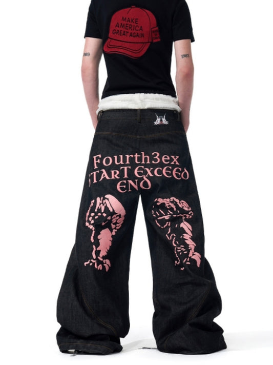 Graphic Letter Embroidery Baggy Denim Jeans WN18786