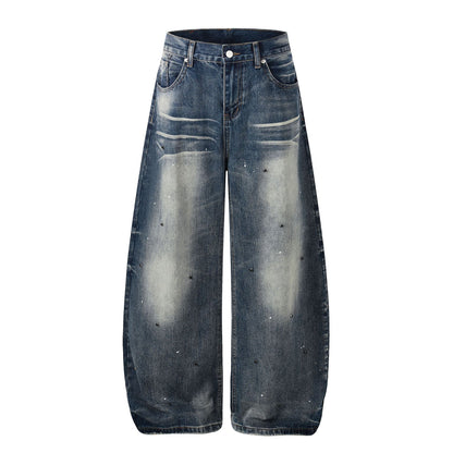 Washed Paint Rhinestone Wide Leg Curved Denim Jeans WN25876