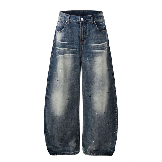 Washed Paint Rhinestone Wide Leg Curved Denim Jeans WN25876