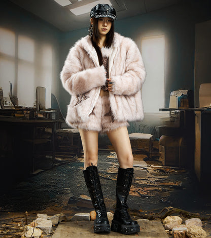 Fake Fur Ear Detail Star Hooded Puffer Jacket & Leopard Print Fake Fur Trim Halter Tank Top & Fake Fur Star Short Pants Setup WN22785