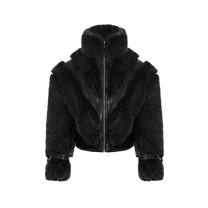 Fake Fur Stand Neck Leather Jacket WN11739