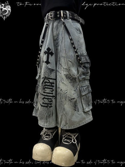 Cross Print Cargo Wide Leg Cropped Denim Jeans & Skull Belt & Cross Belt & Belt Chain WN23794