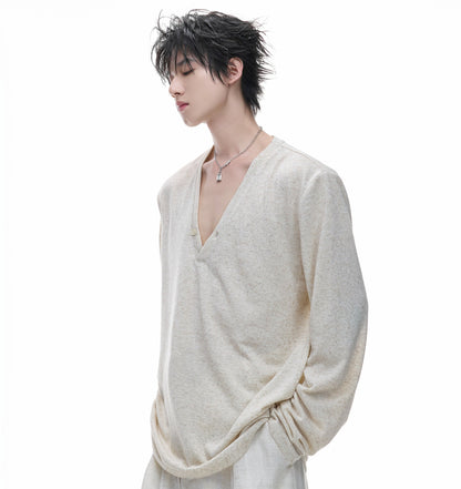 Deep V-Neck Breathable Oversize Long Sleeve T-Shirt WN27011