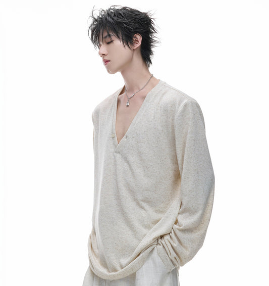 Deep V-Neck Breathable Oversize Long Sleeve T-Shirt WN27011