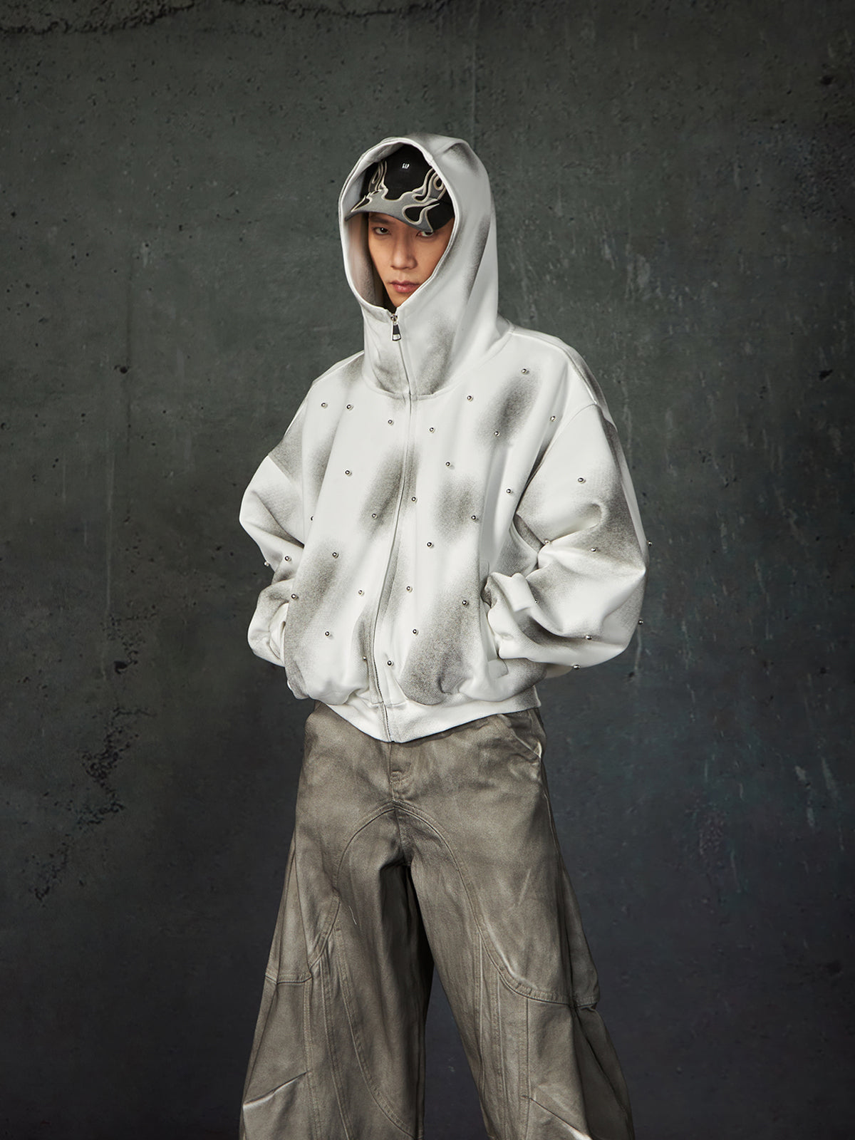 Pearl Embellished Washed Paint Zipper Hoodie WN15201