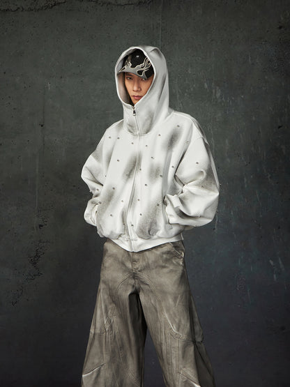 Pearl Embellished Washed Paint Zipper Hoodie WN15201