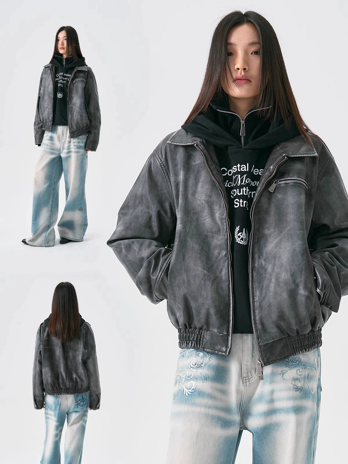 Cross Spray Design Washed PU Leather Jacket WN18929