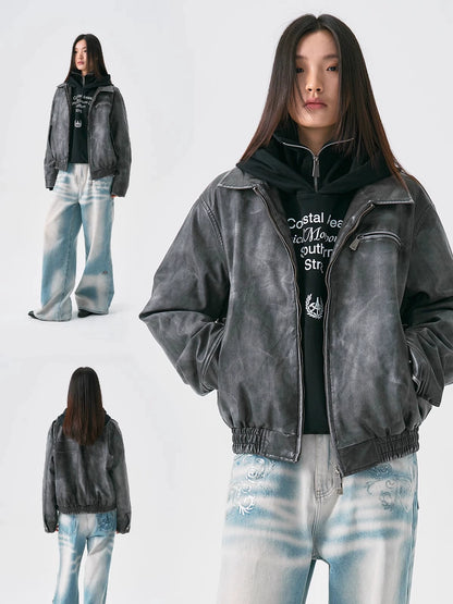 Cross Spray Design Washed PU Leather Jacket WN18929