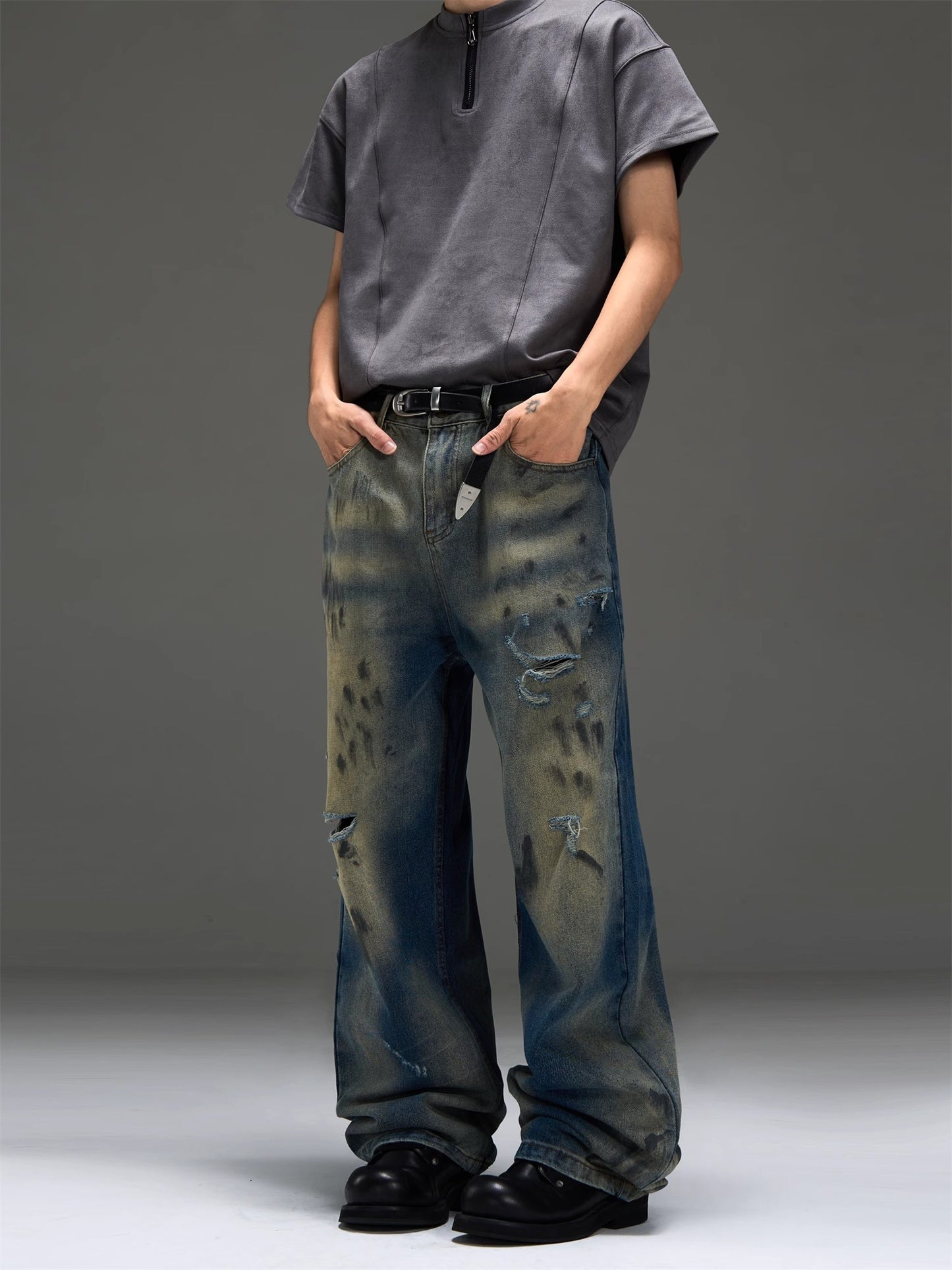 Yellow Mud Dirty Washed Damage Wide-Leg Straight Denim Jeans WN8481