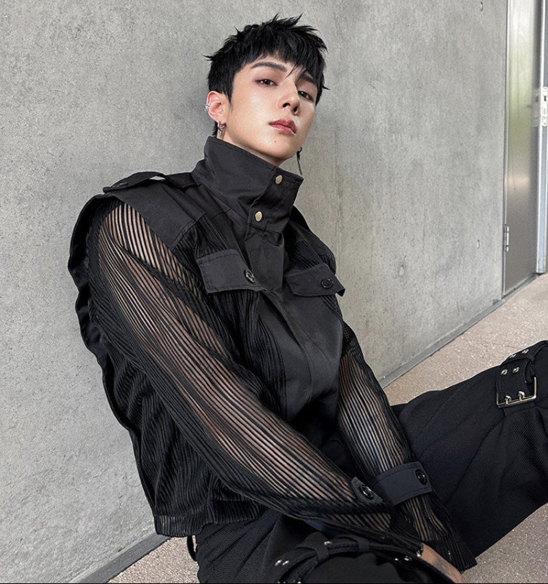 High-Neck Sheer Sleeve Shirt Jacket WN25124