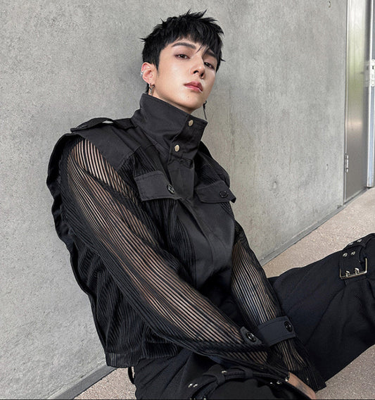 High-Neck Sheer Sleeve Shirt Jacket WN25124