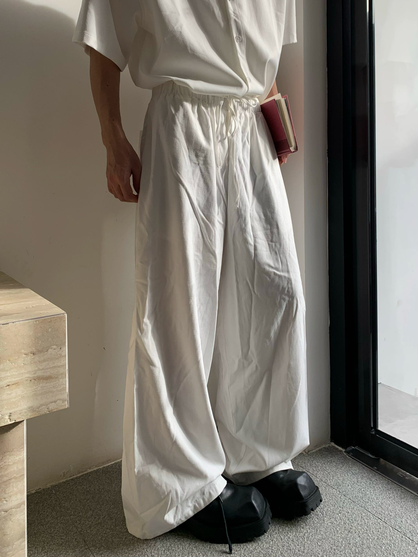 Washed Drawstring Elastic Waist Wide Leg Pants WN19730