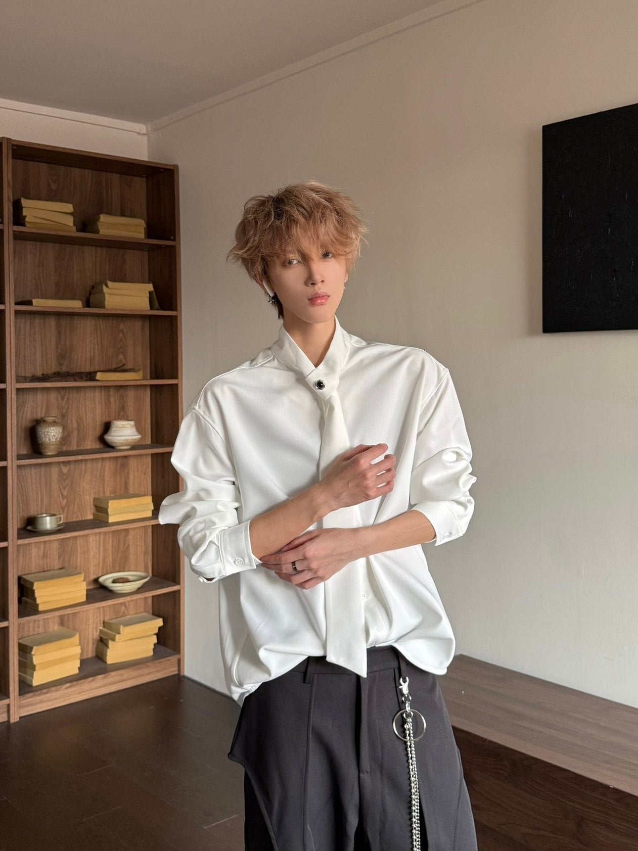 Design Tie Detail Oversize Long Sleeve Shirt WN23155