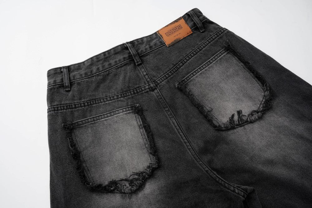 Faded Raw-Edge Wide Leg Denim Jeans WN28121