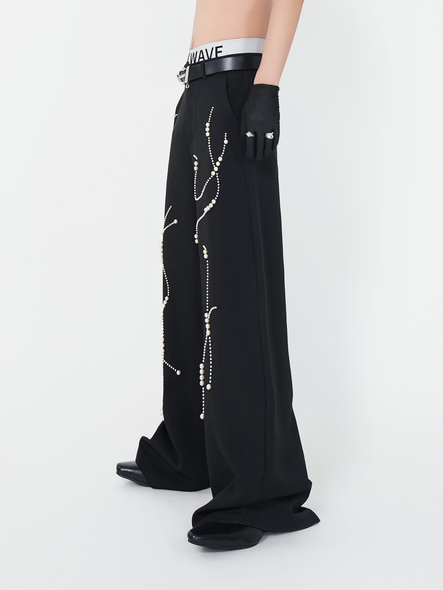 Wrinkle Beaded Draped Curved Wide Leg Trousers WN24146