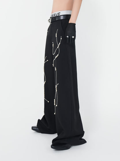 Wrinkle Beaded Draped Curved Wide Leg Trousers WN24146